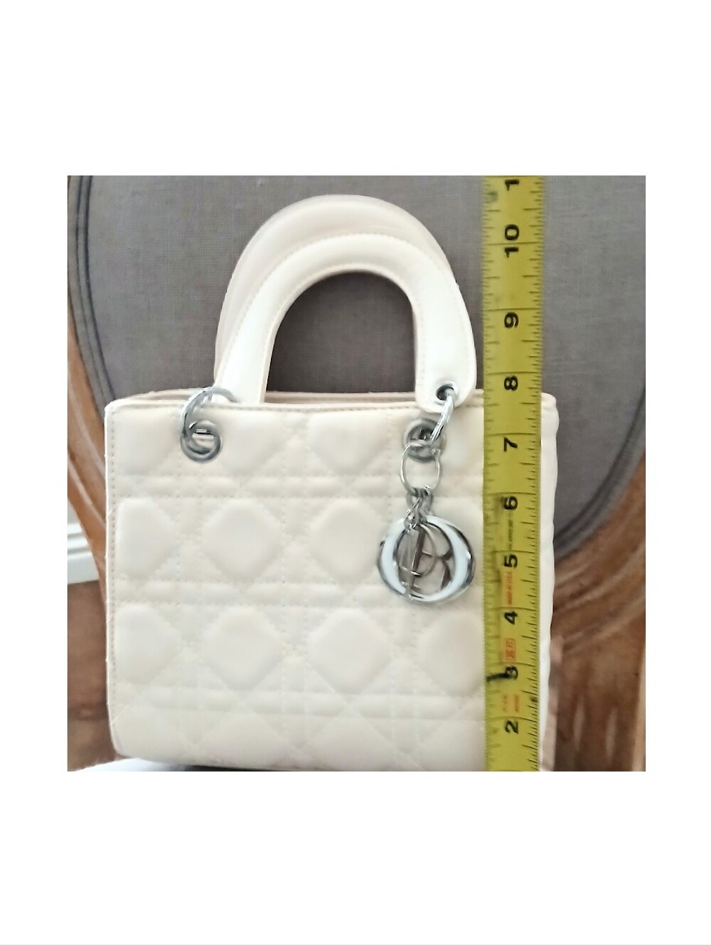 Mini Cream Quilted Top-Handle Bag with Silver Hardware Initials - Picture 5 of 6